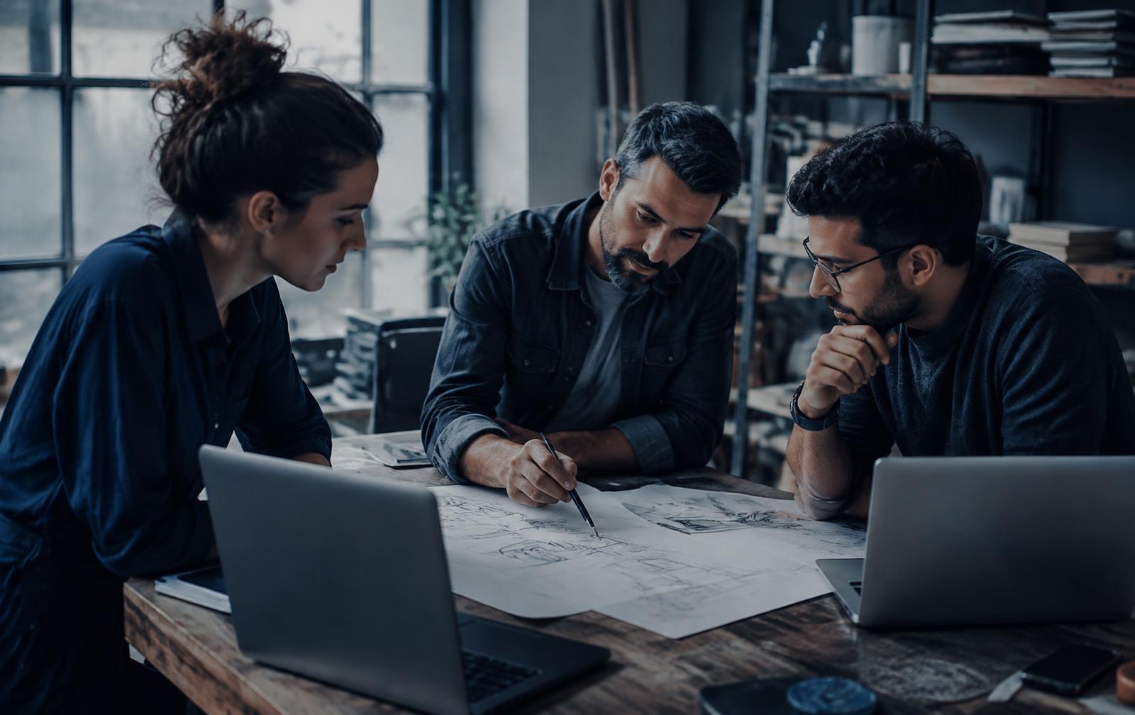 Three colleagues reviewing plans together at a work table
